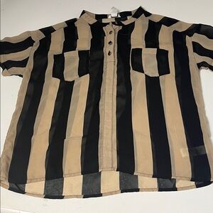 I Love HBi Small Brown Black Striped Short Sleeve Button Up Pocket Blouse